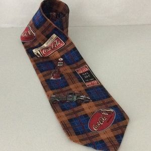 Coca-Cola Plaid (Blue/Bronze) 100% Silk Necktie Retro - Vintage - EUC